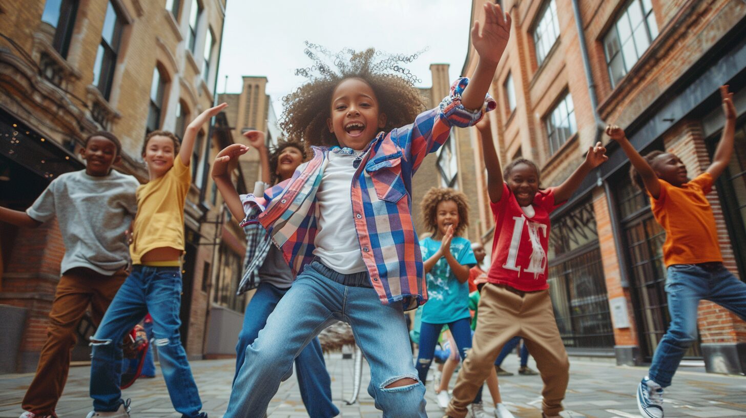 Group of multicultural children dancing in the street