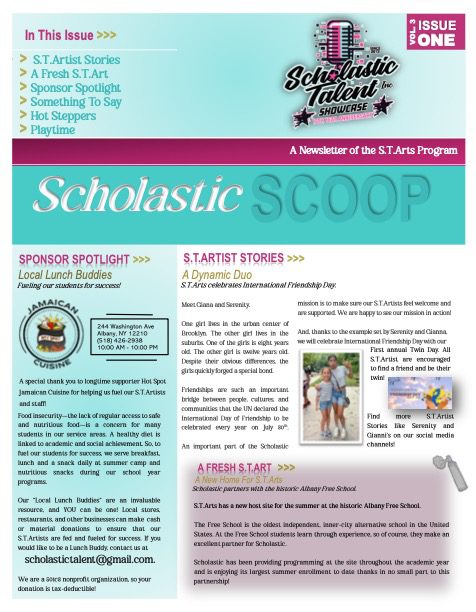 Scholastic Scoop Newsletter cover Vol 3 Issue One