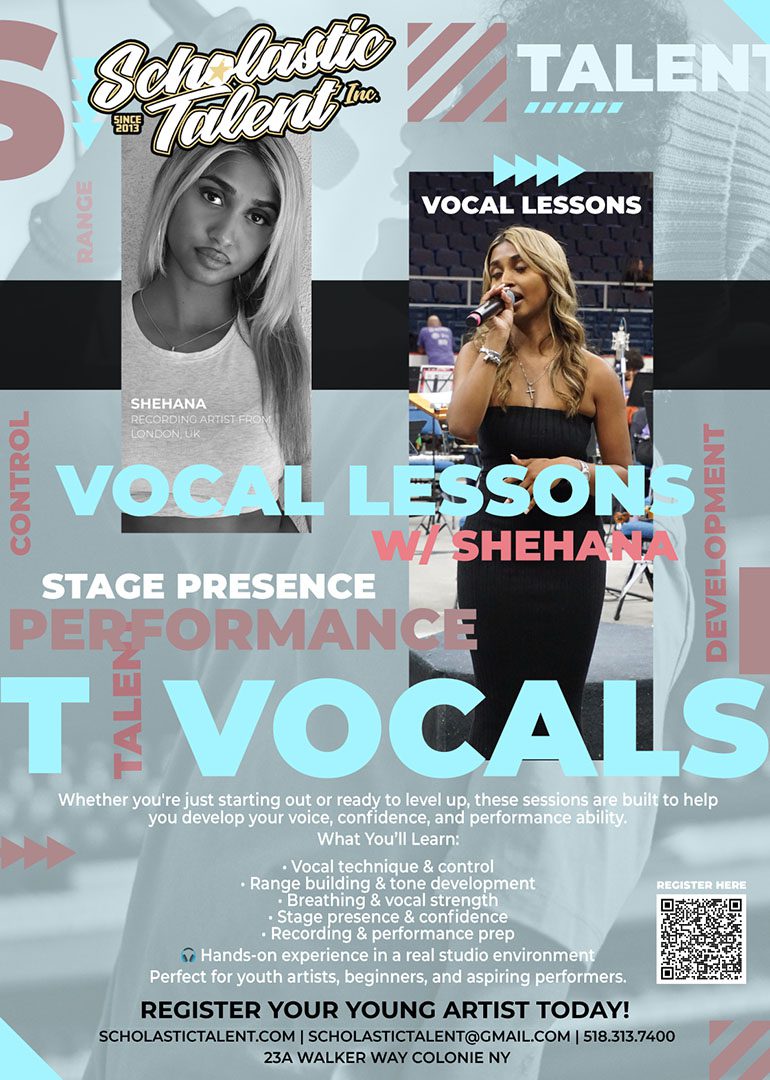 Vocal Lessons Flyer with photos of Shehana